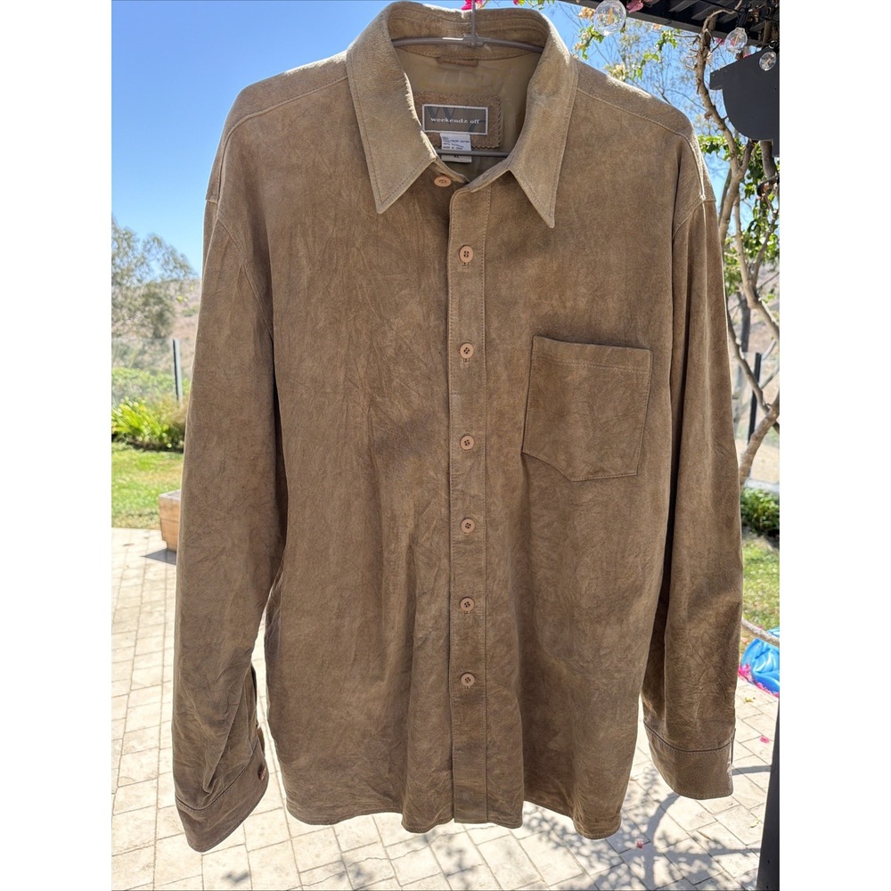 Vintage Weekendz Off Men's XL Tan Genuine Suede Leather Biker Shirt Jacket Baggy